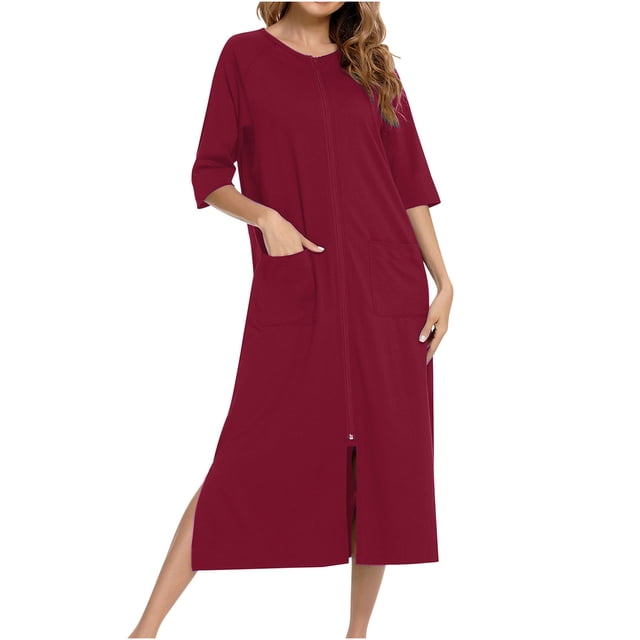 Erwazi Robe pour Femmes à Fermeture Éclair devant, Manches 3/4, Longue Robe de Chambre avec Poches, Tenue de Détente