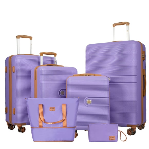 Travelhouse Ensemble de 6 Pcs de Bagages Rigides pour Voyageurs en Famille, Valise Légère à Rayures avec Serrure TSA, Roues Pivotantes 360 et Sac de Sport Assorti, Violet