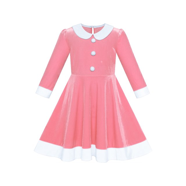 Robe Fille Col Blanc Velours Manches Longues Robe Rose 14 Ans