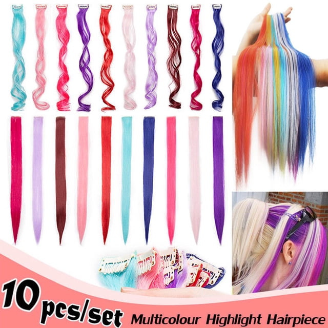 10pcs/set Highlight Multicolor Streaks Clip in Hair Extensions Hairpiece Long Straight Rainbow Hair