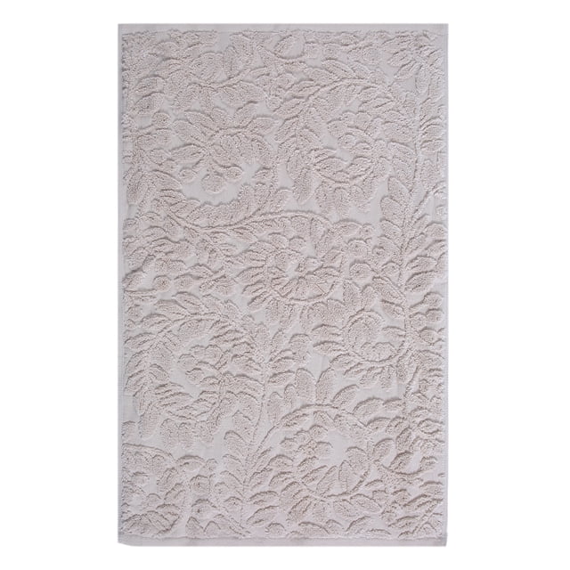 Holiday Time Botanical Swirl Hand Towels, 2-Pack featuring a front view of beige 100% cotton towels with an embossed botanical swirl pattern, measuring 16 by 26 inches, soft and absorbent, ideal for bathroom or kitchen use and suitable as decorative guest towels.