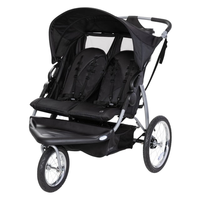 Baby Trend Expedition® Double Jogger Griffen black double jogging stroller with two side-by-side reclining seats, adjustable five-point safety harnesses, ratcheting shade canopy with peek-a-boo window, lockable front swivel wheel, large storage basket, and parent tray with two cup holders.