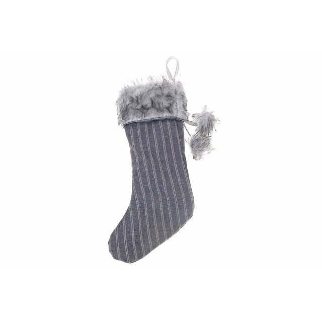 Embroidered Plaid Fabric Stocking With Faux Fur showing a single blue plaid stocking with thin white stripes, topped with grey faux fur cuff and two faux fur pom-poms, ideal for holiday décor and hanging by the fireplace, part of a set of two for indoor Christmas decoration.