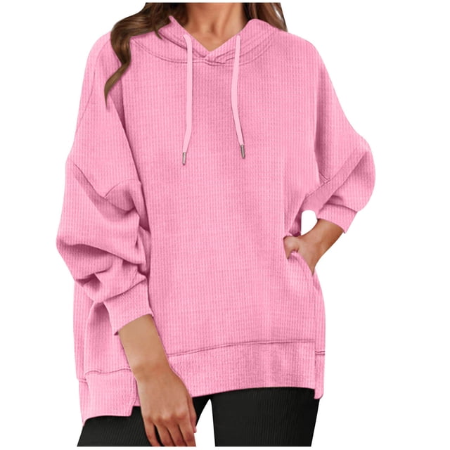 Pisexur Womens Hoodies Solid Color Hooded Sweatshirt Casual Drawstring Oversized Hoodie Fashion Loose Ribbed Fall Tops Pullover Tops with Pocket