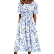 Pisexur Women's Summer T Shirt Dresses Casual Floral Crew Neck Short Sleeve Swing Dress Empire Waist Maxi Dress with Pockets