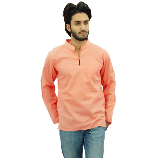 Atasi Kurta Court à Col Officier pour Homme en Coton Pêche Tunique Décontractée - Petit