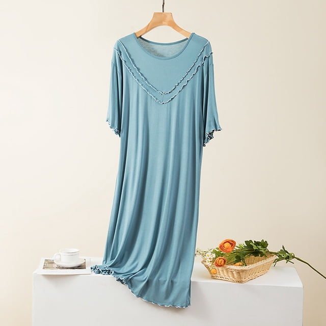 Jusqu'à 30 % de Rabais, Jupe de Maison Grande Taille, Col Rond, Couleur Unie, Coussinet de Poitrine, Coupe Ample, Confortable, Grande Taille, Tenue de Maison, Robe Décontractée Style Tendance/coton, Bleu Pâle, Sopatenor