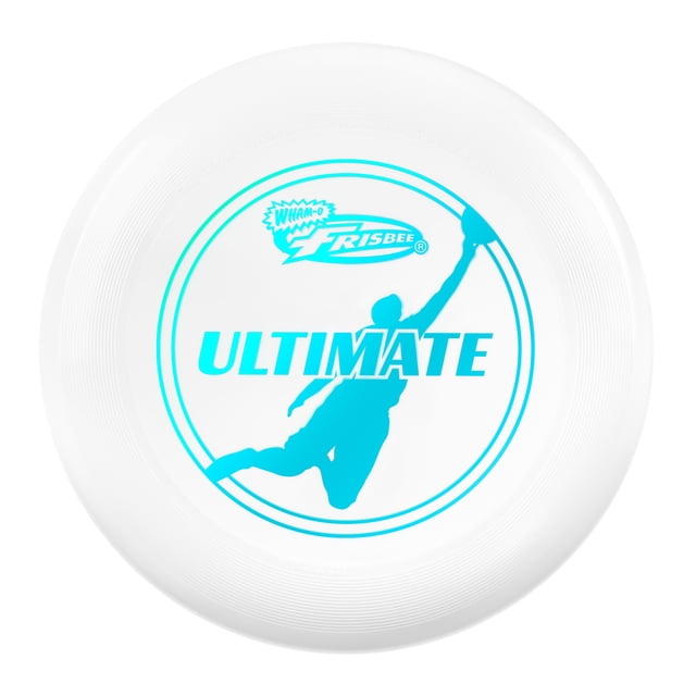 Wham-O Frisbee Official Ultimate 175g Flying Disc, 10.75 Inch, designed for professional Ultimate competition. The white disc features a teal silhouette of a player mid-jump and the word 'Ultimate' prominently displayed. Made from durable PE material with a non-slip grip, it ensures easy throwing and catching. Suitable for training, competitions, and outdoor fun in parks, arenas, or beaches.