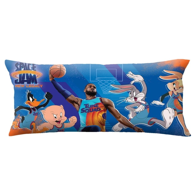 Space Jam "Lay Up Duo" Body Pillow with a blue background featuring Tune Squad characters Daffy Duck, Porky Pig, Bugs Bunny, and Lola Bunny in basketball uniforms, alongside a basketball player mid-layup, with the Space Jam New Legacy logo on the left, ideal for sleepovers and nap time.
