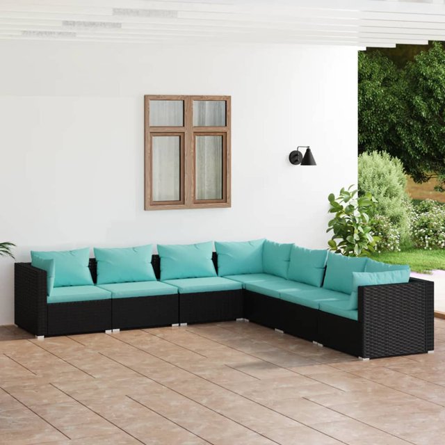 vidaXL 7 Piece Garden Lounge Set with Cushions Poly Rattan Black