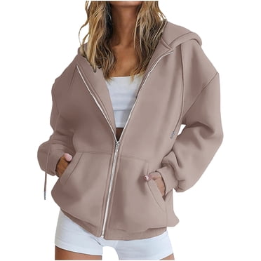 Lenpel Chandails à Capuche Zippés pour Femmes Grande Taille à Manches Longues avec Cordon, Chandails Surdimensionnés Décontractés Amples, Vestes d'Extérieur avec Poches (Kaki, Moyen)
