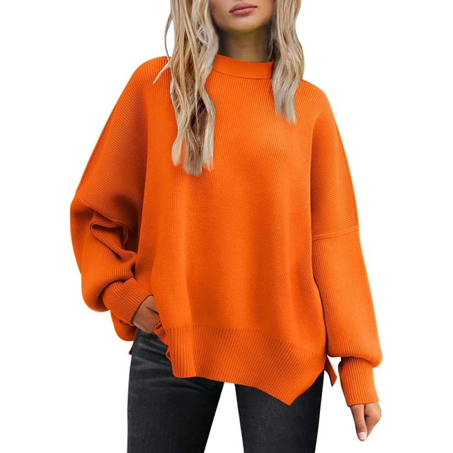 ORUYROP Women's Crewneck Batwing Long Sleeve Sweater 2023 Fall Oversized Ribbed Knit Side Slit Pullover Top