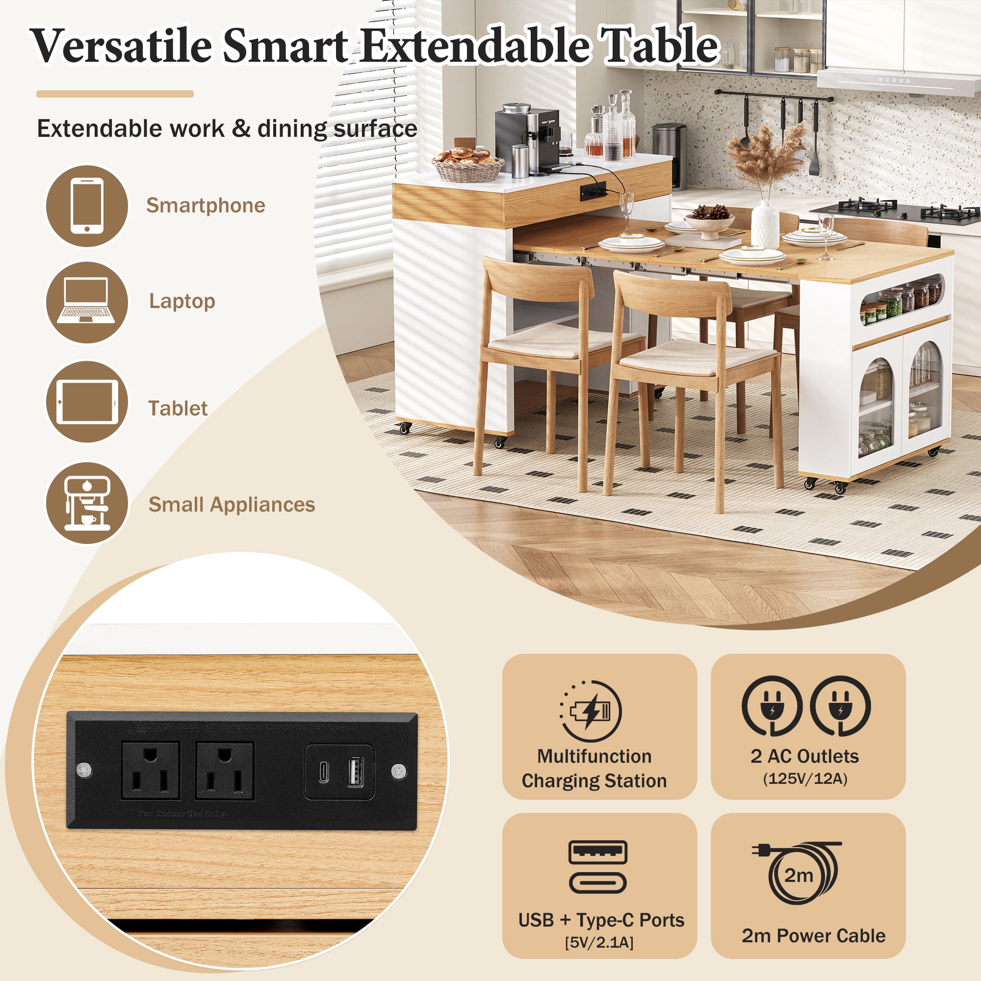 Table de salle à manger extensible Noble House TREXM avec plateau rabattable extra-long, îlot de cuisine roulant avec tiroirs (Noyer + Blanc crème)