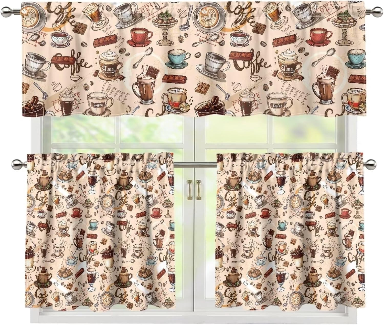 Coffee Theme Kitchen Curtains Set for Window Curtains Valance Set of 3,Cute Dwarf 24 Inch Length Tier Curtains Cafe Bar Window Curtains, Rod Pocket,Easy to Install,Size S