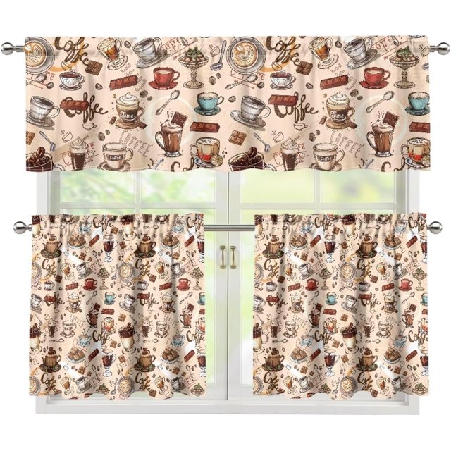 Coffee Theme Kitchen Curtains Set for Window Curtains Valance Set of 3,Cute Dwarf 24 Inch Length Tier Curtains Cafe Bar Window Curtains, Rod Pocket,Easy to Install,Size S