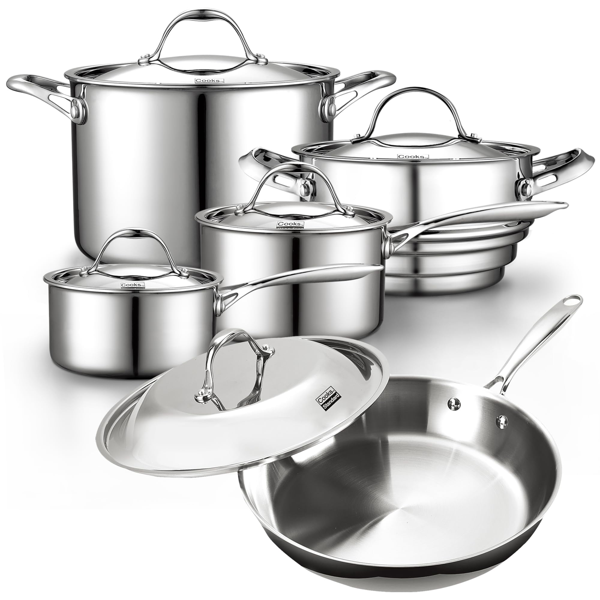 Cooks Standard Multi-ply Clad Stainless Steel Cookware Set Includes Saucepans Steamer Stockpot Frying Pans with Lids Induction Compatible Dishwasher Safe Oven Safe 10-Piece