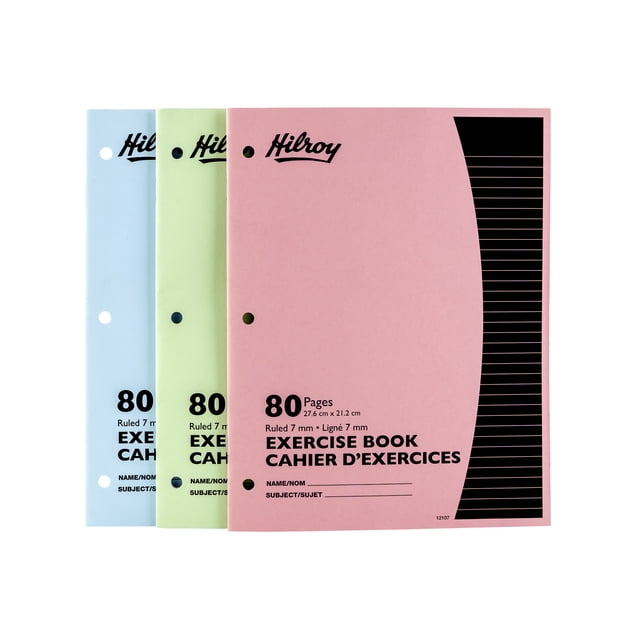 Hilroy Exercise Books 3 pack with 7mm ruled paper and margin, each 10-7/8" x 8-3/8" and 80 pages. Assorted pastel covers in pink, green, and blue, 3-hole punched for binders, with name and subject lines on front. Ideal for school notes and organizing subjects.
