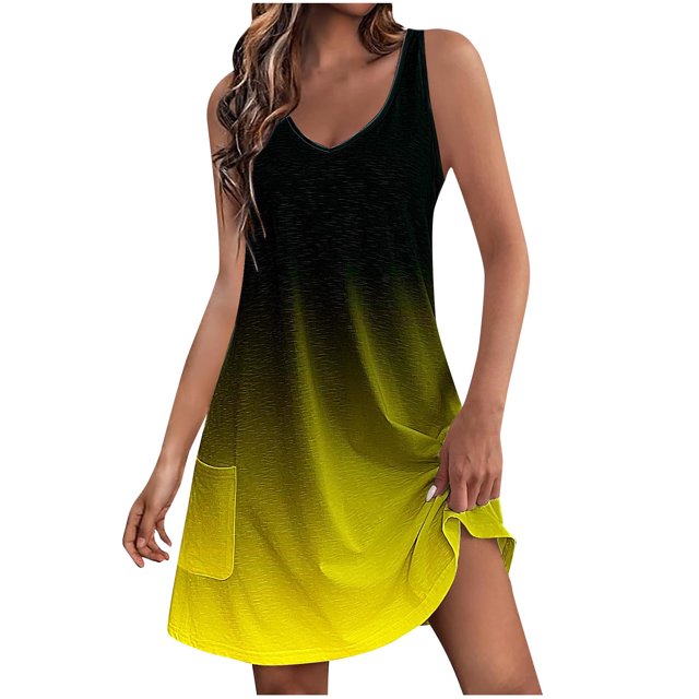 Penkiiy Robes d'Été pour Femmes Évasées Boho à Imprimé Floral Robes Soleil Sans Manches Robe de Plage Cache-Maillot avec Poches P Jaune