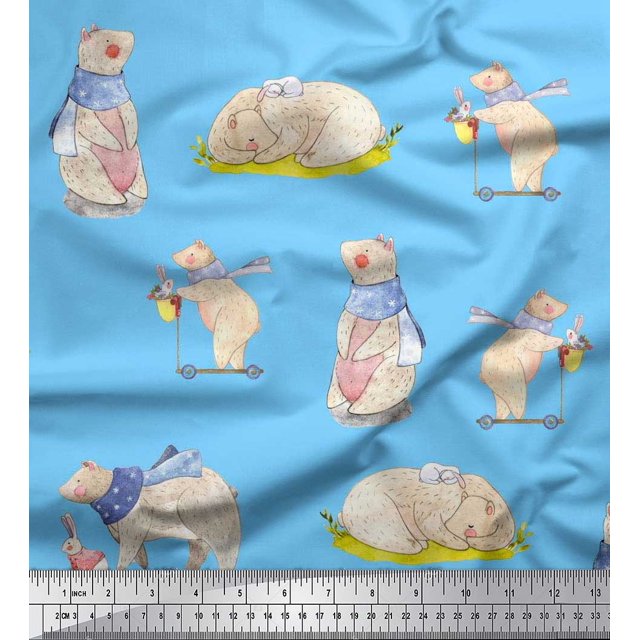 Soimoi Cotton Duck Fabric Cycle,Rabbit & Bear Kids Print Fabric by the Yard 42 Inch Wide
