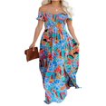 thumbnail image 2 of Femmes Boho Beach Dress Off Épaule Robe à Manches Courtes Floral Ample Coupe Longue Robe Fendue, 2 of 6