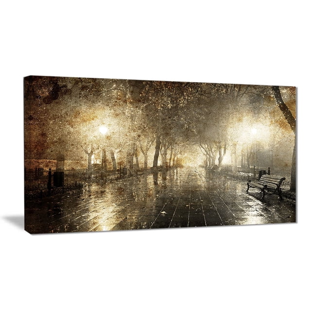 Design Art Night Alley with Lights Photography Landscape Canvas Print, a 40 by 20 inch gallery wrapped wall art on cotton canvas depicting a misty, wet alley lined with trees and illuminated by street lamps, printed with high-resolution ink and ready to hang, suitable for enhancing home or office décor.