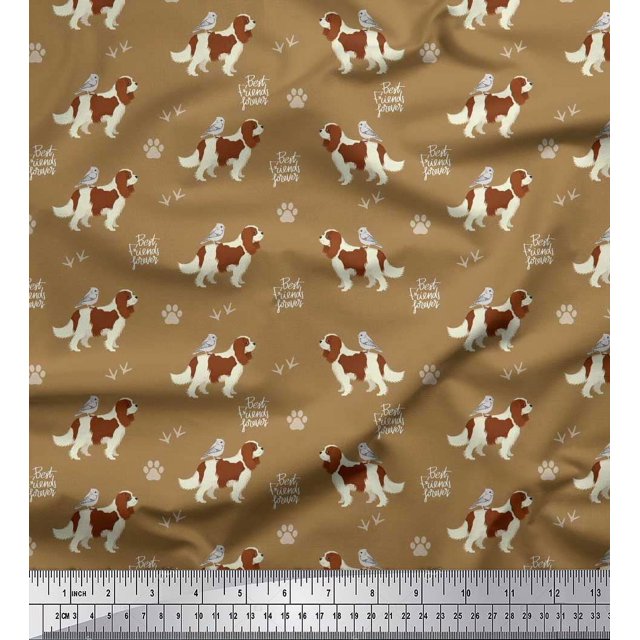 Soimoi Brown polyester Crepe Fabric Bird,Paw & Cocker Spaniel Dog Printed Craft Fabric by the Yard 52 Inch Wide