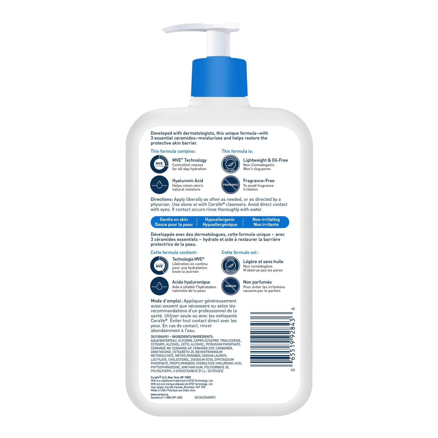 CeraVe Lotion Hydratante Quotidienne, Lotion Légère pour Visage et Corps avec Céramides, 562 ml