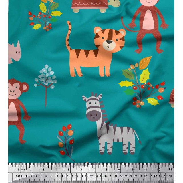 Soimoi Crepe Silk Fabric Berries & Animals Cartoon Print Fabric by Yard 42 Inch Wide