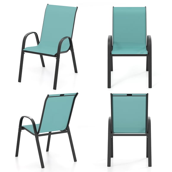 Gymax Patiojoy Ensemble de 4 Chaises de Salle à Manger de Patio Empilables Accoudoirs Gain de Place Jardin Bleu Marine