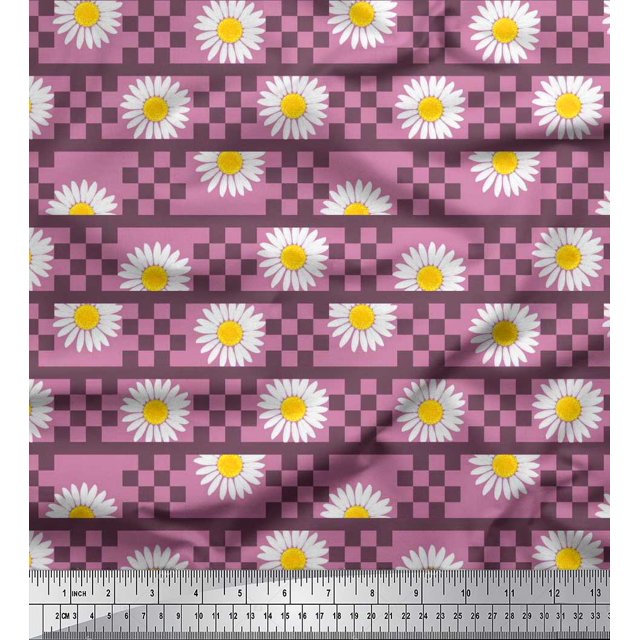 Soimoi Moss Georgette Fabric Stripe,Square & Daisy Floral Print Sewing Fabric Yard 42 Inch Wide