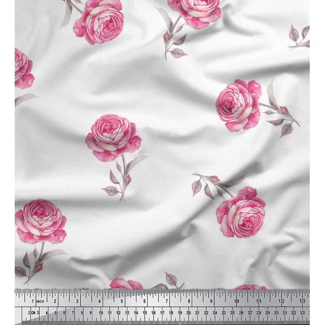 Soimoi White Rayon Crepe Fabric Grandiflora Roses Floral Fabric Prints By Yard 46 Inch Wide