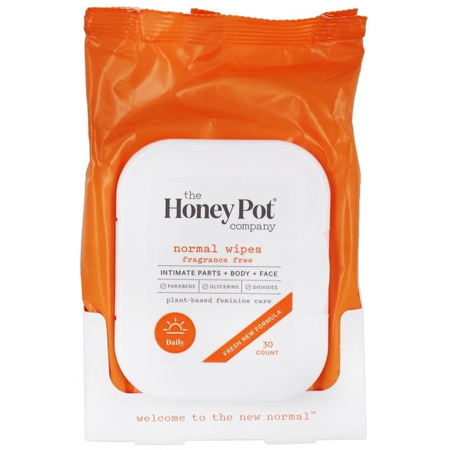 The Honey Pot Company Normal Wipes for intimate parts, body, and face, fragrance-free, 30-count pack. Features an orange resealable pouch with white label detailing plant-based feminine care, pH balancing benefits, and daily use.