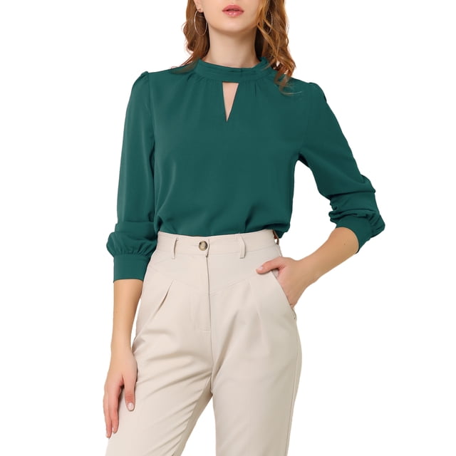 INSPIRE CHIC Women's Stand Collar Pleated Button Keyhole Button Blouse