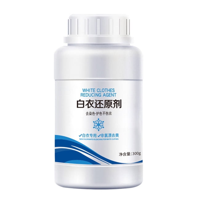 TopLLC Household Cleaner For White Clothes, a 300g white laundry detergent and stain remover in powder form. The product is packaged in a cylindrical white container with a screw-on lid and features blue and black text on the label, including 'White Clothes Reducing Agent.' Designed for white fabrics like shirts, dresses, and bed linens, it is formulated with natural plant extracts for effective stain removal and long-lasting freshness. Suitable for dorms, RVs, and home use.