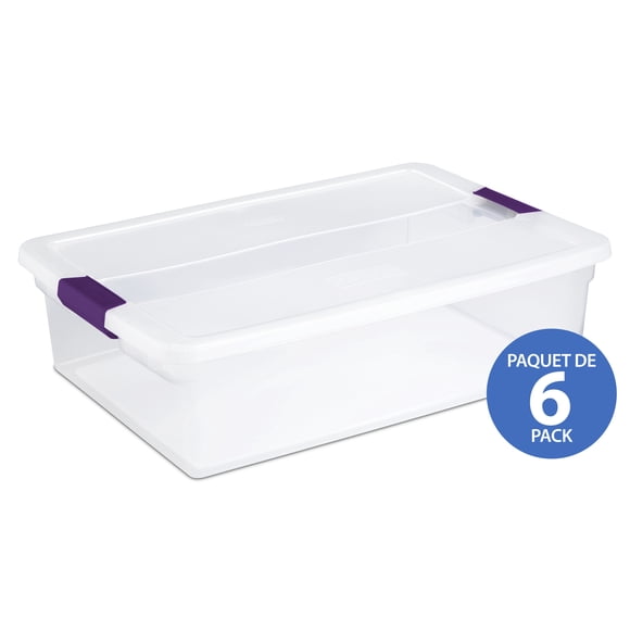 Sterilite 30 Liter ClearView™ Latch Box, Clear Plastic Storage Bin with Lid and Purple Latch - 6 Pk