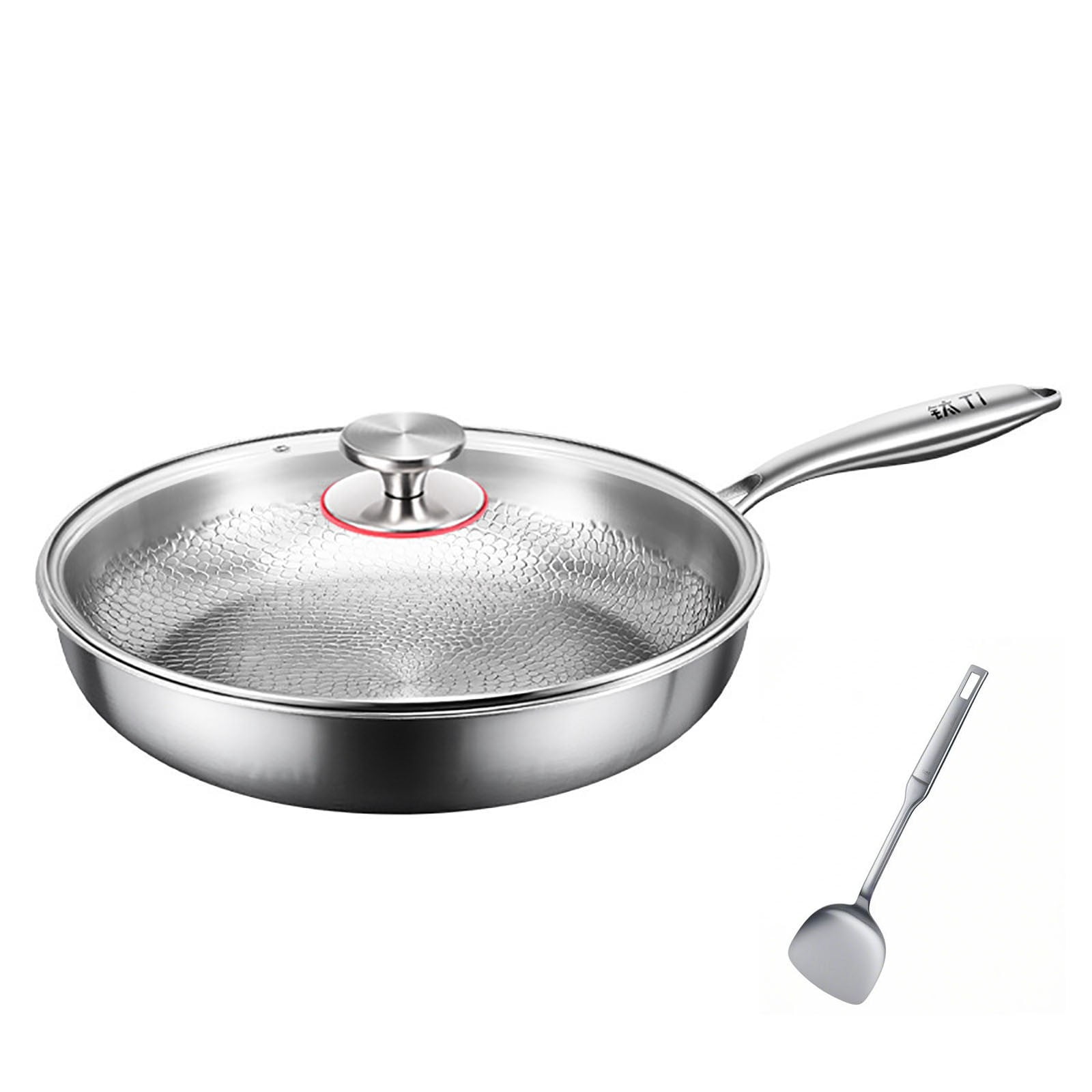 Eky Poêle Martelée en Titane Pro avec Couvercle - Poêle en Titane Métallique pour la Cuisson, Poêle Martelée avec Spatule, Antiadhésive Multifonctionnelle Ultra Durable Résistante aux Rayures, Chauffage Uniforme, Chauffe Rapidement, 12 Pouces