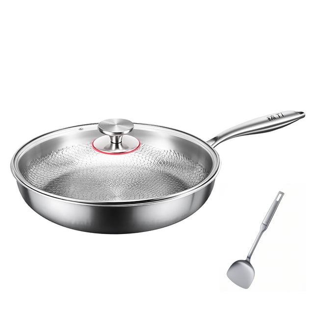 Eky Poêle Martelée en Titane Pro avec Couvercle - Poêle en Titane Métallique pour la Cuisson, Poêle Martelée avec Spatule, Antiadhésive Multifonctionnelle Ultra Durable Résistante aux Rayures, Chauffage Uniforme, Chauffe Rapidement, 12 Pouces