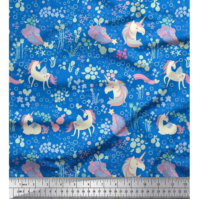 Soimoi Blue Cotton Voile Fabric Unicorn & Floral Print Sewing Fabric Yard 42 Inch Wide