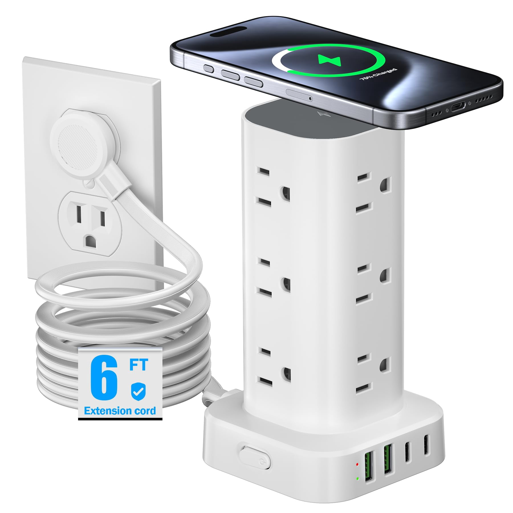 Tower Power Strip with 15W Wireless Charger, 6FT Flat Plug Extension Cord with Multiple Outlets, 12 AC Outlets, 4 USB Ports (2 USB C) Charging Station Surg
