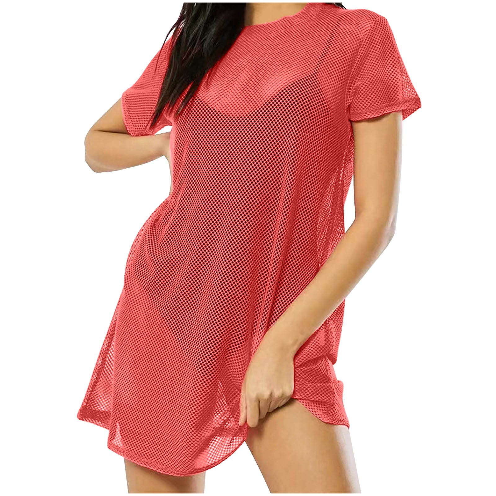 Timegard Womens Tops Mesh Crew Neck Short Sleeve Lightweight Tee Shirts Fall Casual Loose Long Tops