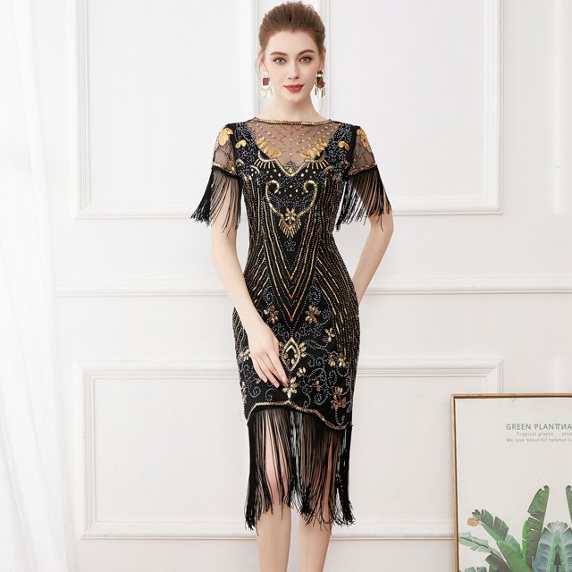 Robe d'Été pour Femmes 2024 Mode Grande Taille Robe Vintage 1920 à Paillettes, Robe à Franges Cloutées, Robe de Banquet Haut de Gamme à Col Rond, Robe à Manches Courtes à Col Rond Liquidation à 50 % de Rabais!