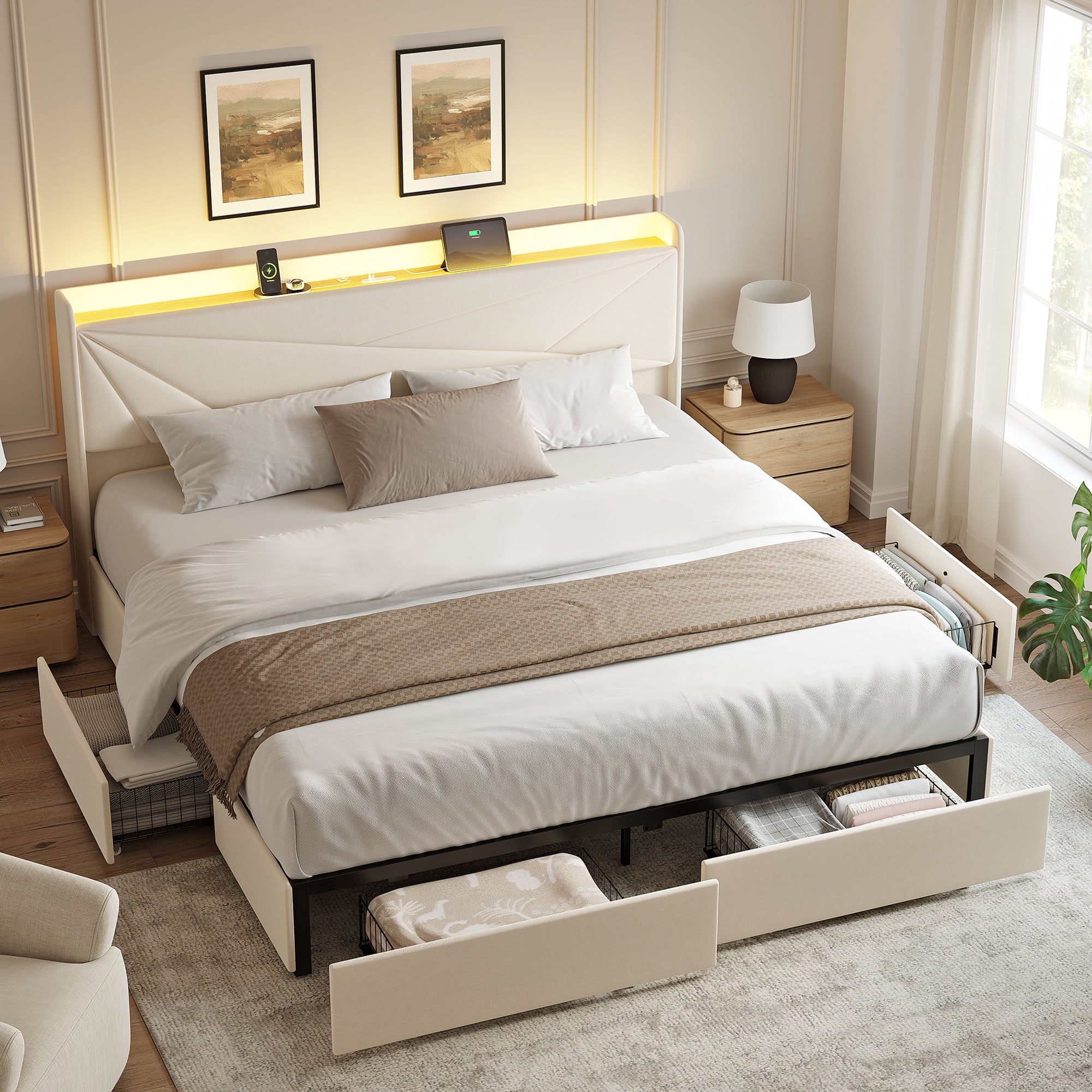 gunaito king size bed frame with 4 storage drawers, upholstered led bed with usb ports, modern bed with headboard noise free platform bed with metal f