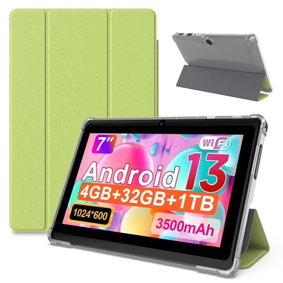 FITIFUN Tablette Android 7 Pouces avec Étui, 4(2+2) Go RAM 32 Go ROM, Quadricœur, Écran HD, Wi-Fi, Double Caméra, Vert