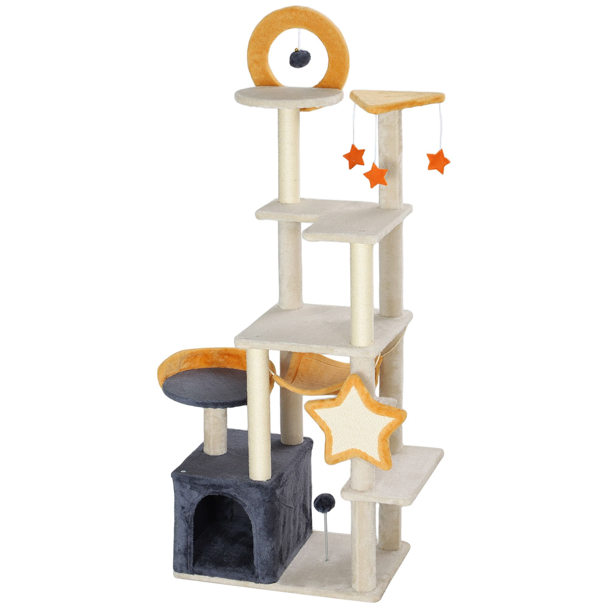 Star and Moon Themed Cat Tree Tower with Condo, Plush Bed, Sisal Scratching Posts and Toys, Multi-Level Activity Center for 1-2 Cats, Beige, 23.6"W x 15.7"D x 63"H