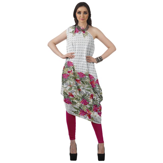 Moomaya Robe Kurti à une Épaule Imprimée pour Femme, Sans Manches, à Col Bénitier, Style Bohème, Tenue de Soirée de Designer
