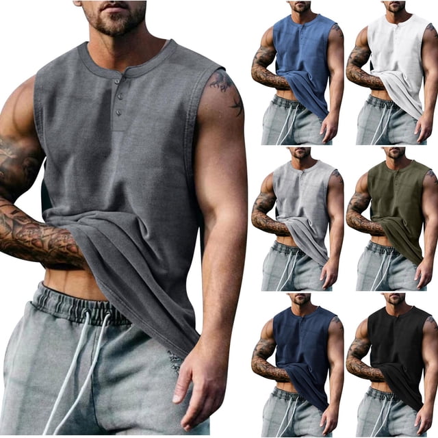JDQJBZ Men's Tank Undershirts Summer Knit Muscle Sleeveless Tops Button Crew Neck