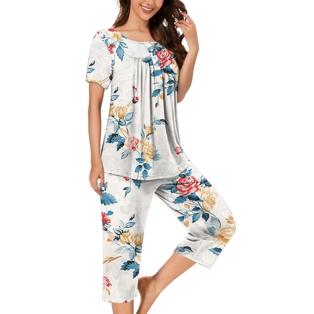 FAFWYP Ensembles de Pyjama 2 Pcs pour Femmes, Ensembles de Pyjama à Imprimé Floral, Tenue de Nuit Douce, Hauts à Manches Courtes à Col Ras du Cou et Pantalons Capri, Ensembles de Détente, P-3TG