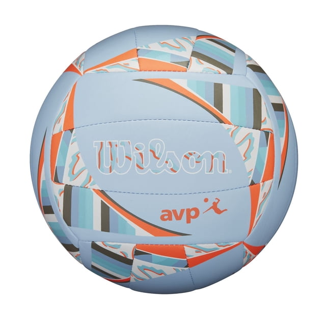 AVP Movement Volleyball by Wilson with light blue panels featuring orange, teal, and gray striped and abstract patterns, machine-sewn 18-panel construction, and the AVP logo in orange, designed for beach volleyball with durable build and extended air retention.