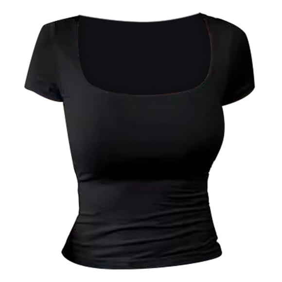 LUOGENLI Hauts pour Femmes Coton Manches Courtes Mode pour Femmes Ajusté Col en U T-Shirt Mode Décontracté Couleur Unie T-Shirt à Manches Courtes Noir Taille P
