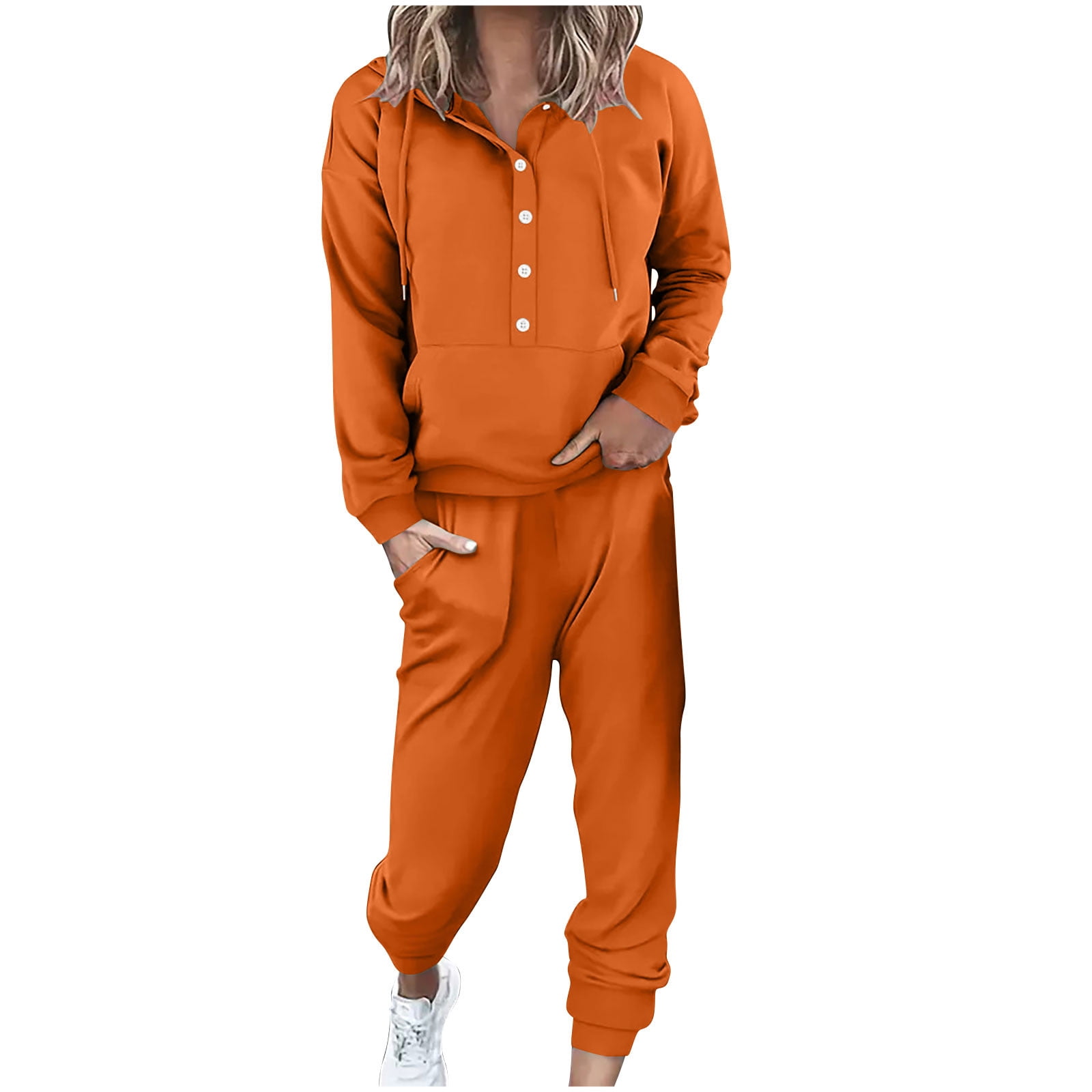 Pisexur Womens Lounge Set Trendy Casual Solid Color Matching Set Long Sleeve Button Drawstring Hooded Sweathirts Tops Wide Leg Sweatpants Tracksuit with Pockets 2 Piece Travel Outfits